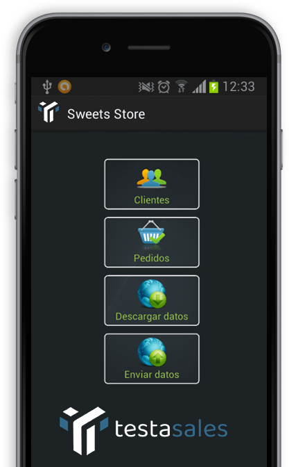 Captura de pantalla de TestaSales. App móvil de gestión de preventa-autoventa comercial y reposición en tiempo real. Sincronizaba con cualquier ERP del mercado.